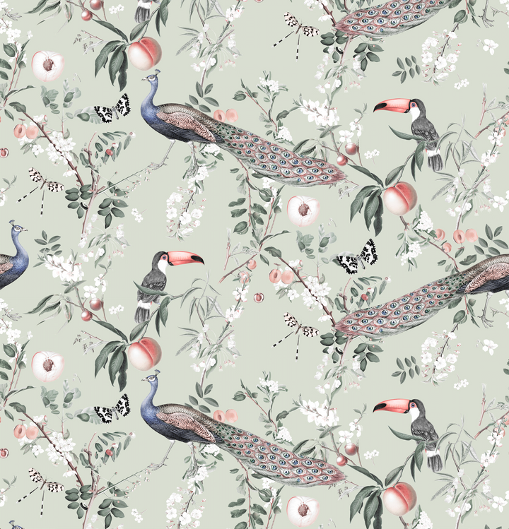 Lyrebird in Sage Designer Wallpaper