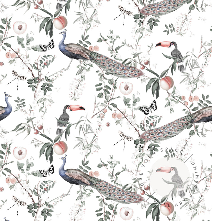 Lyrebird in White Designer Wallpaper - Love Your Space