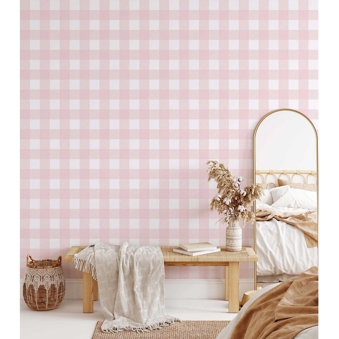 Gingham Soft Pink Designer Wallpaper