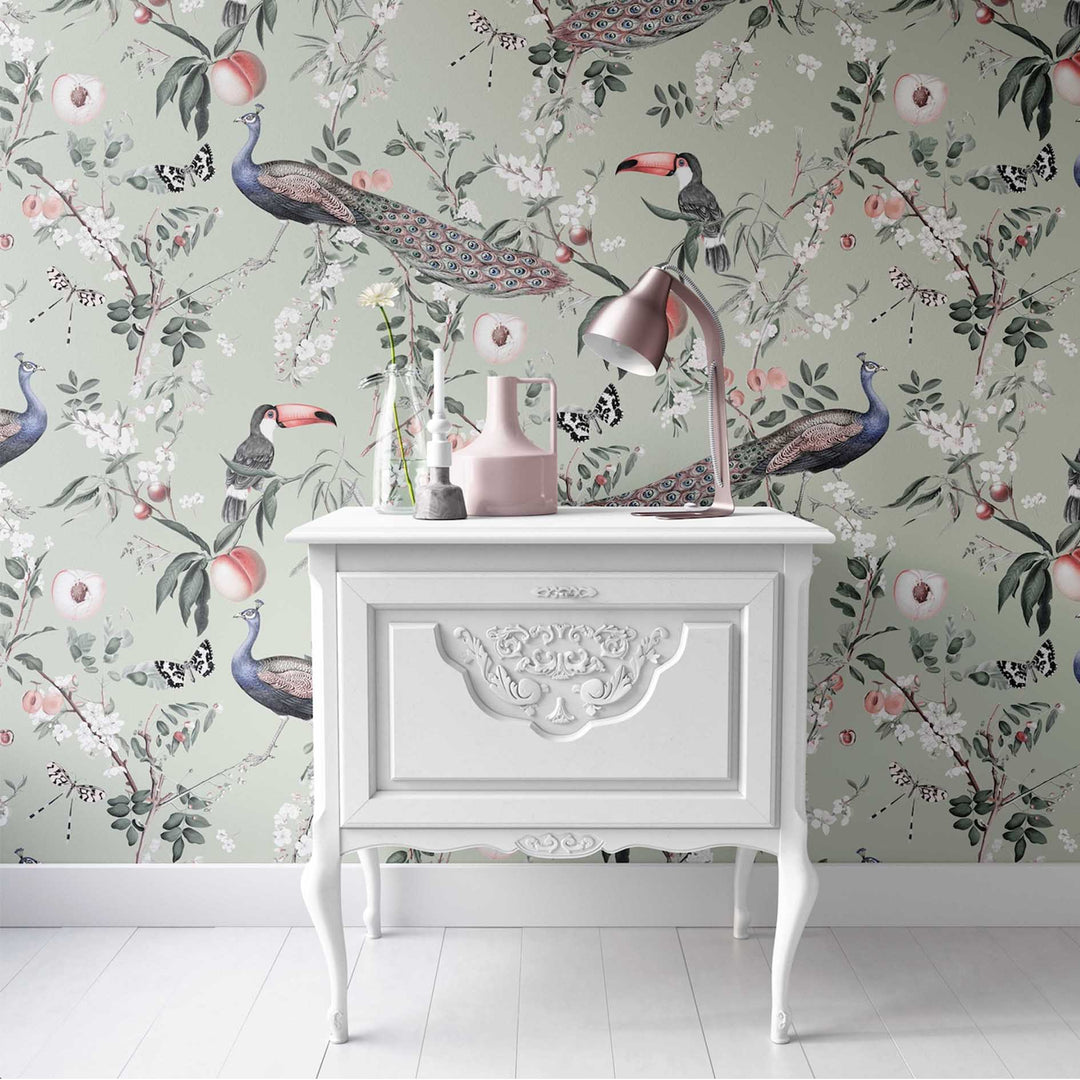 Lyrebird in Sage Designer Wallpaper