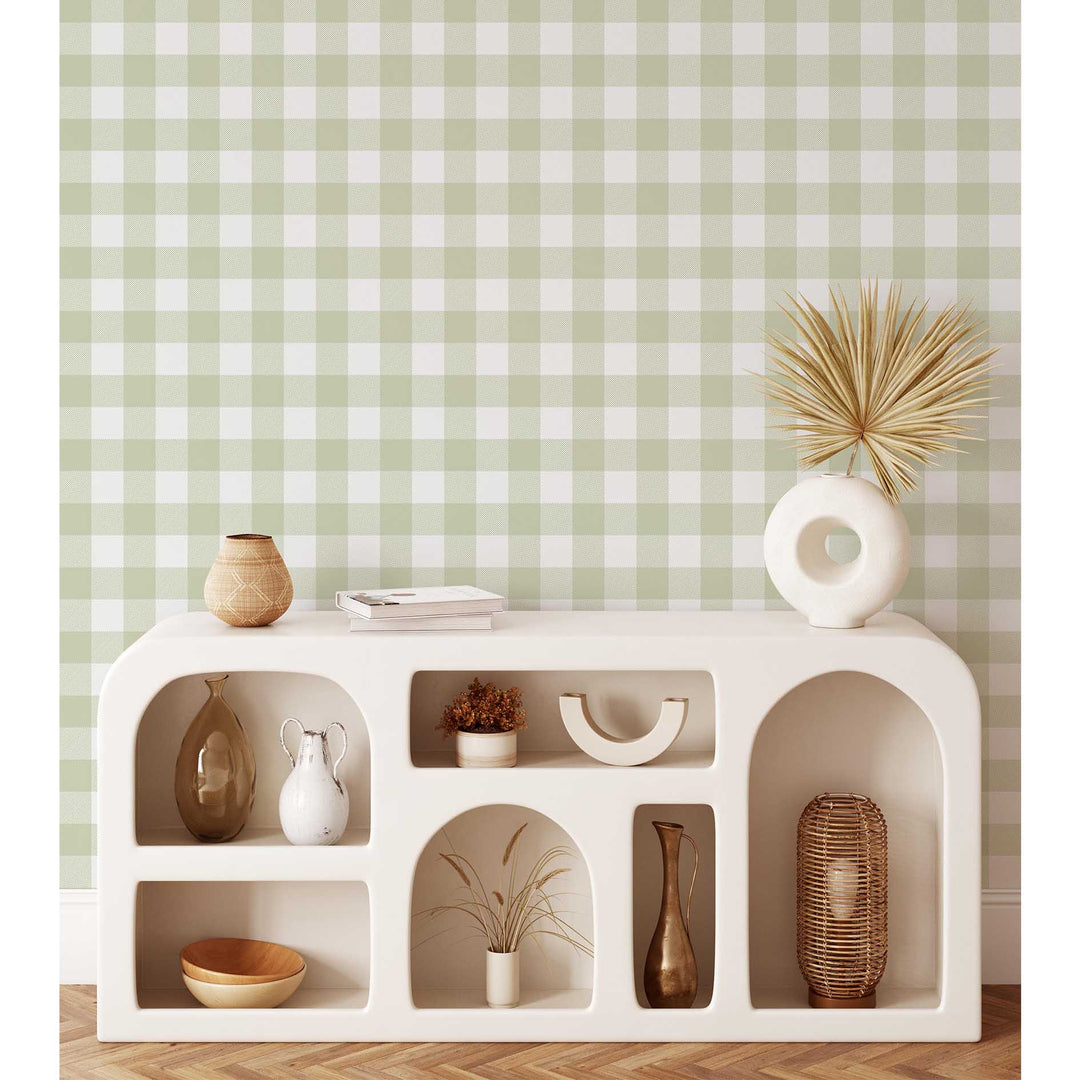 Gingham Soft Green Designer Wallpaper