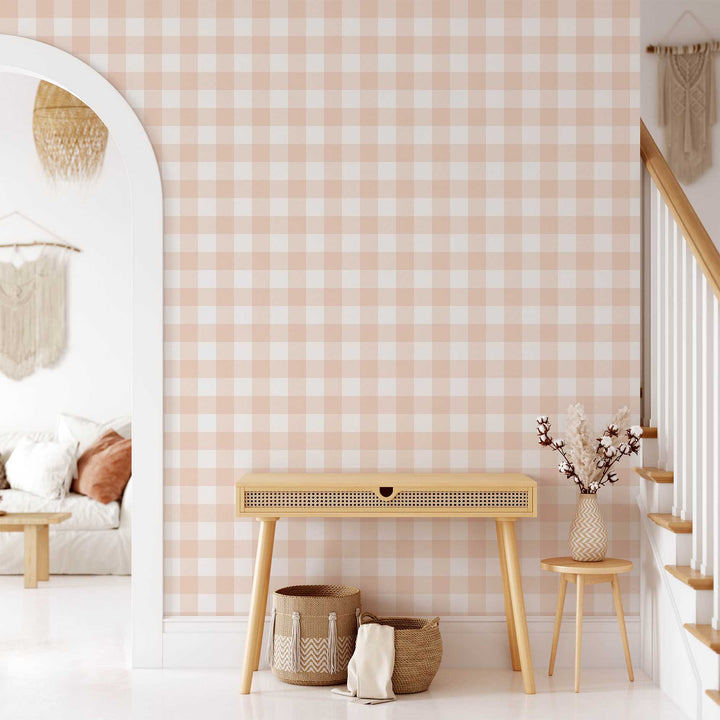 Gingham Soft Orange Designer Wallpaper